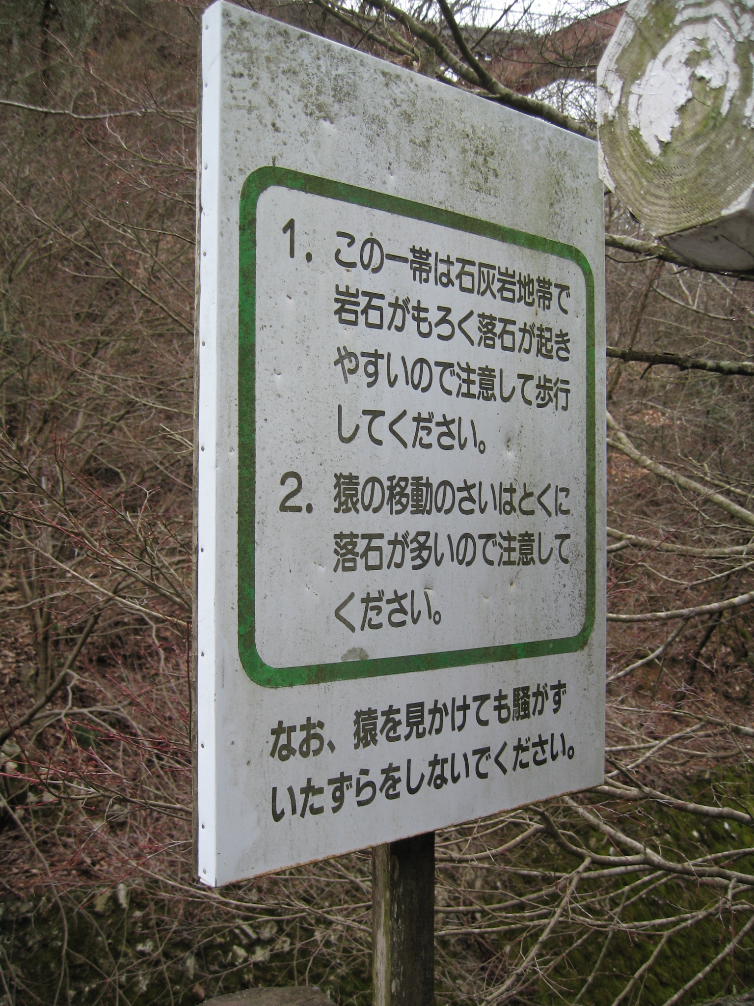 注 1. この一帯は石灰岩地帯で岩石がもろく落石が起きやすいので注意して歩行してください。2. 猿の移動のさいは特に落石が多いので注意してください。なお、猿を見かけても騒がずいたずらをしないでください。